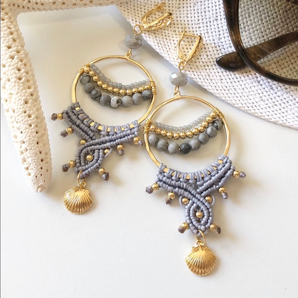 Gray Macramé Shell earrings, gold plated findings.